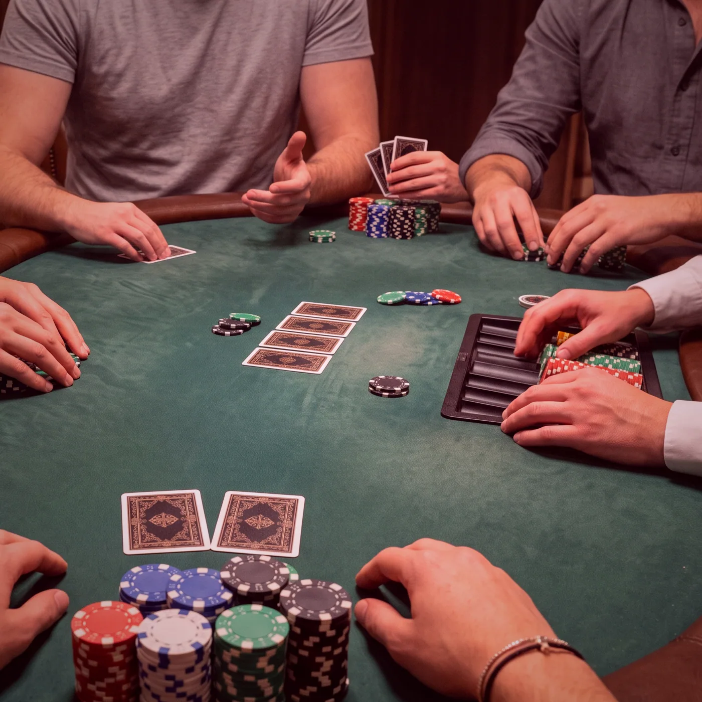 One card table laid with chip trays, waiting on the evening’s first booking.